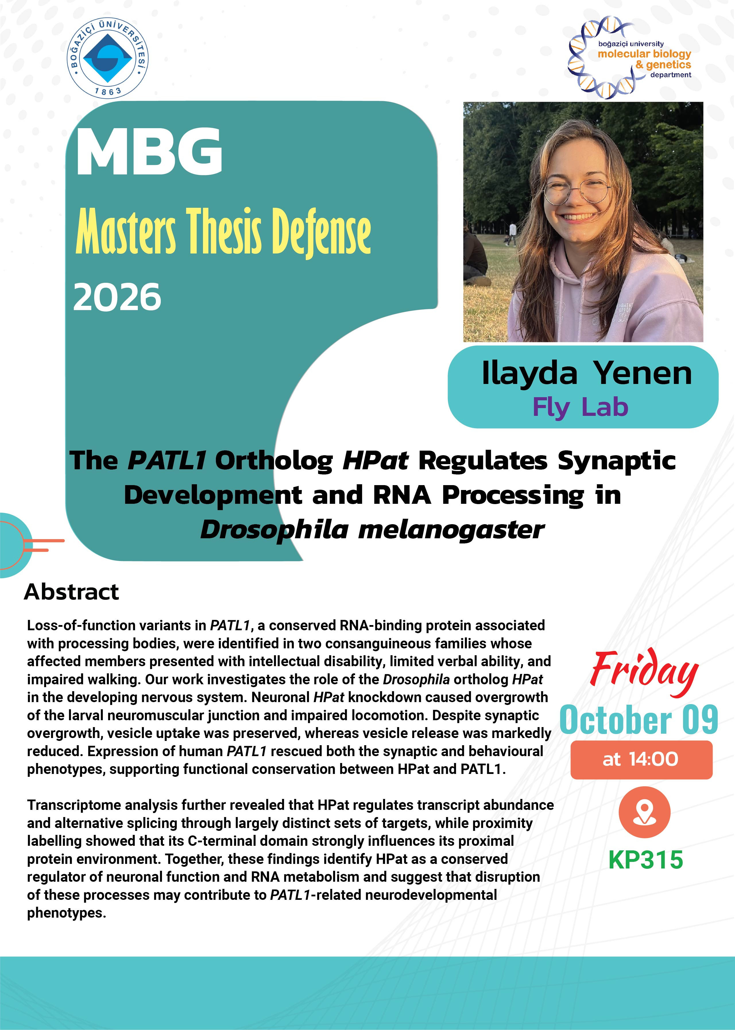 MS Thesis Defense – Ilayda Yenen - The PATL1 Ortholog HPat Regulates Synaptic Development and RNA Processing in Drosophila melanogaster