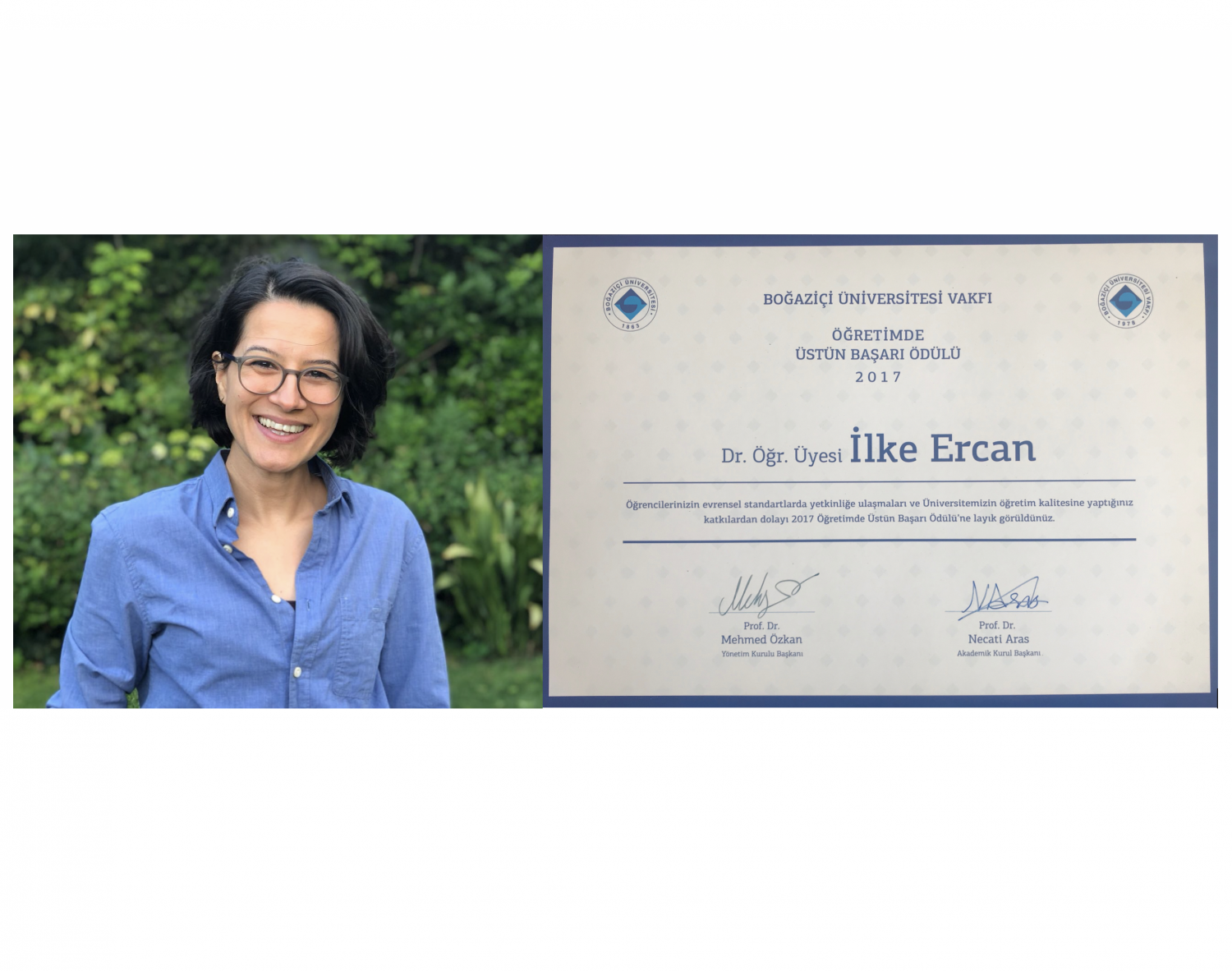 Dr. Öğr. Üyesi İlke Ercan'a Mühendislik Fakültesi tarafından Öğretimde Üstün Başarı Ödülü verildi.