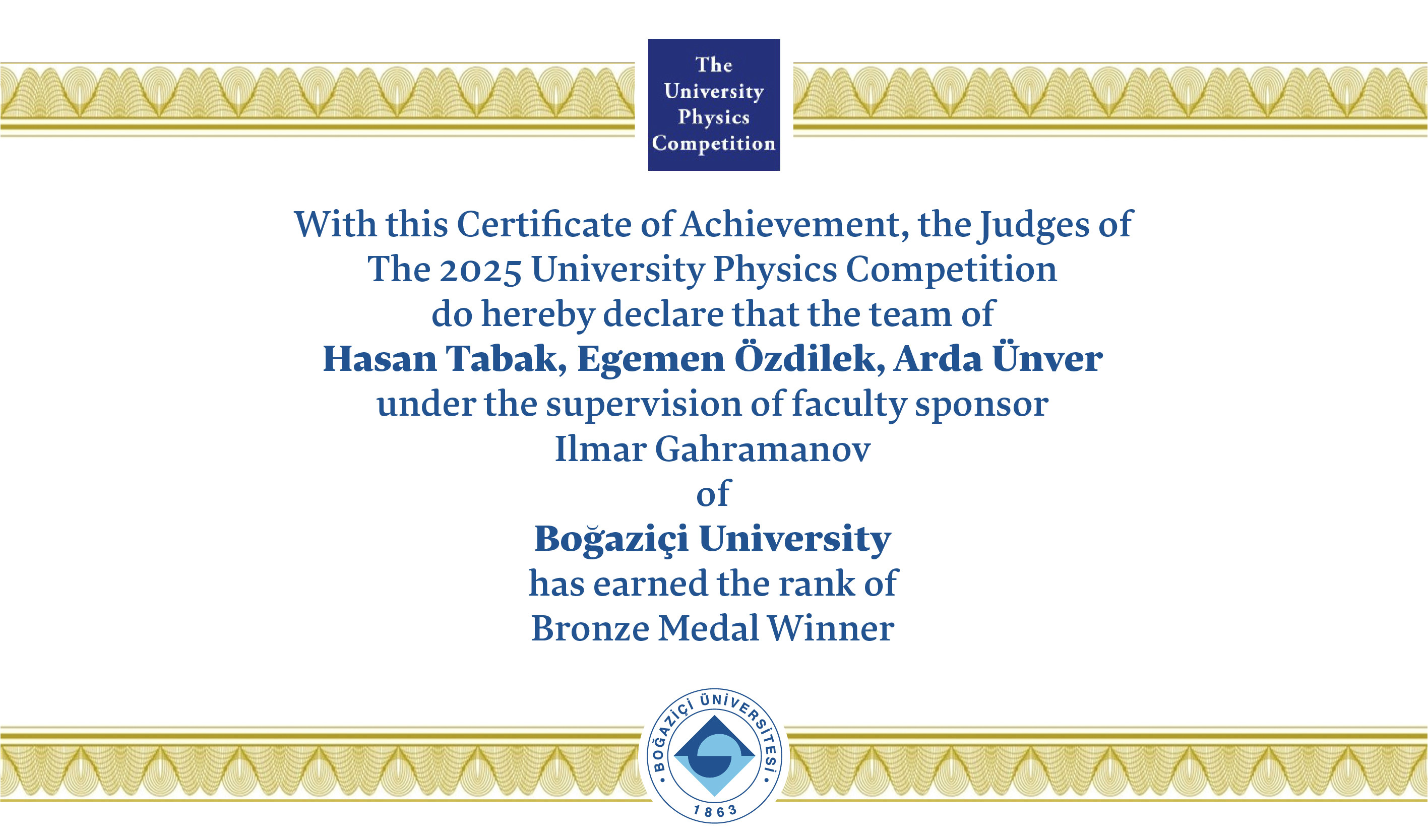 Boğaziçili Öğrencilerden The University Physics Competition'da Uluslararası Başarı