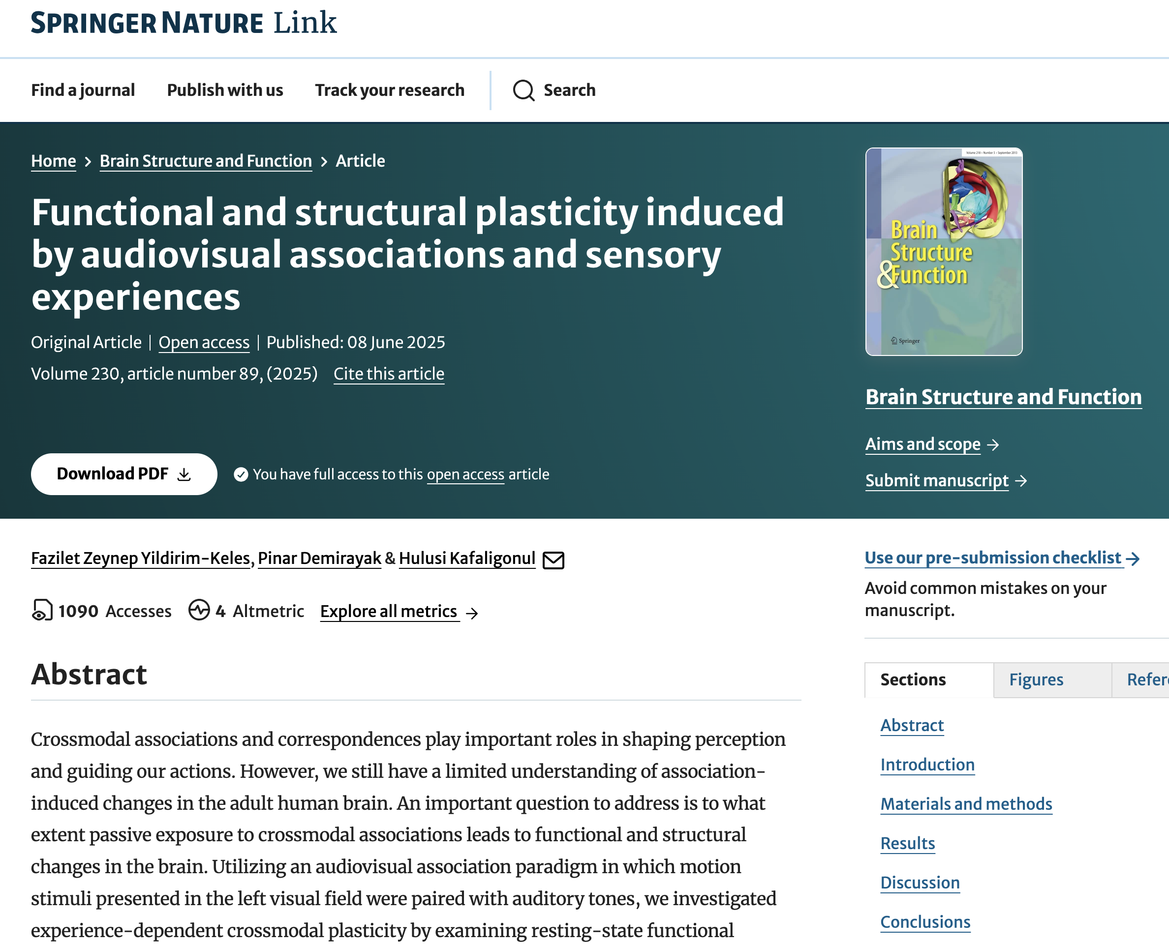 Our paper 'Functional and structural plasticity induced by audiovisual associations and sensory experiences' is published in the journal of Brain Structure and Function!