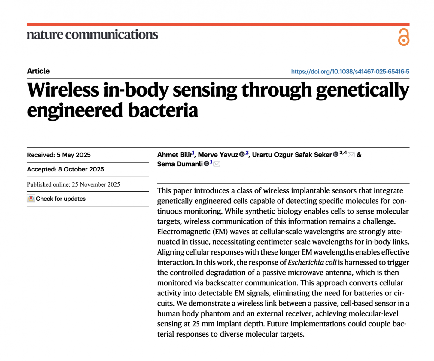 NTÇP araştırmacılarından Sema Dumanlı Oktar'ın liderliğinde geliştirilen yenilikçi biyosensör platformu, Nature Communications'ta yayımlandı