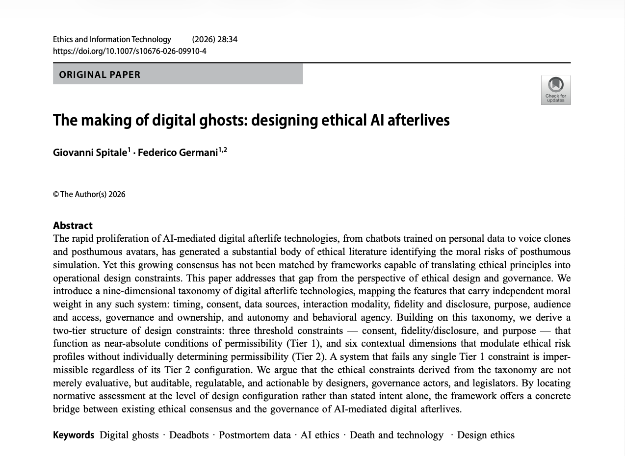 DSAI Faculty Member Federico Germani Publishes New Article on Ethical AI Afterlives