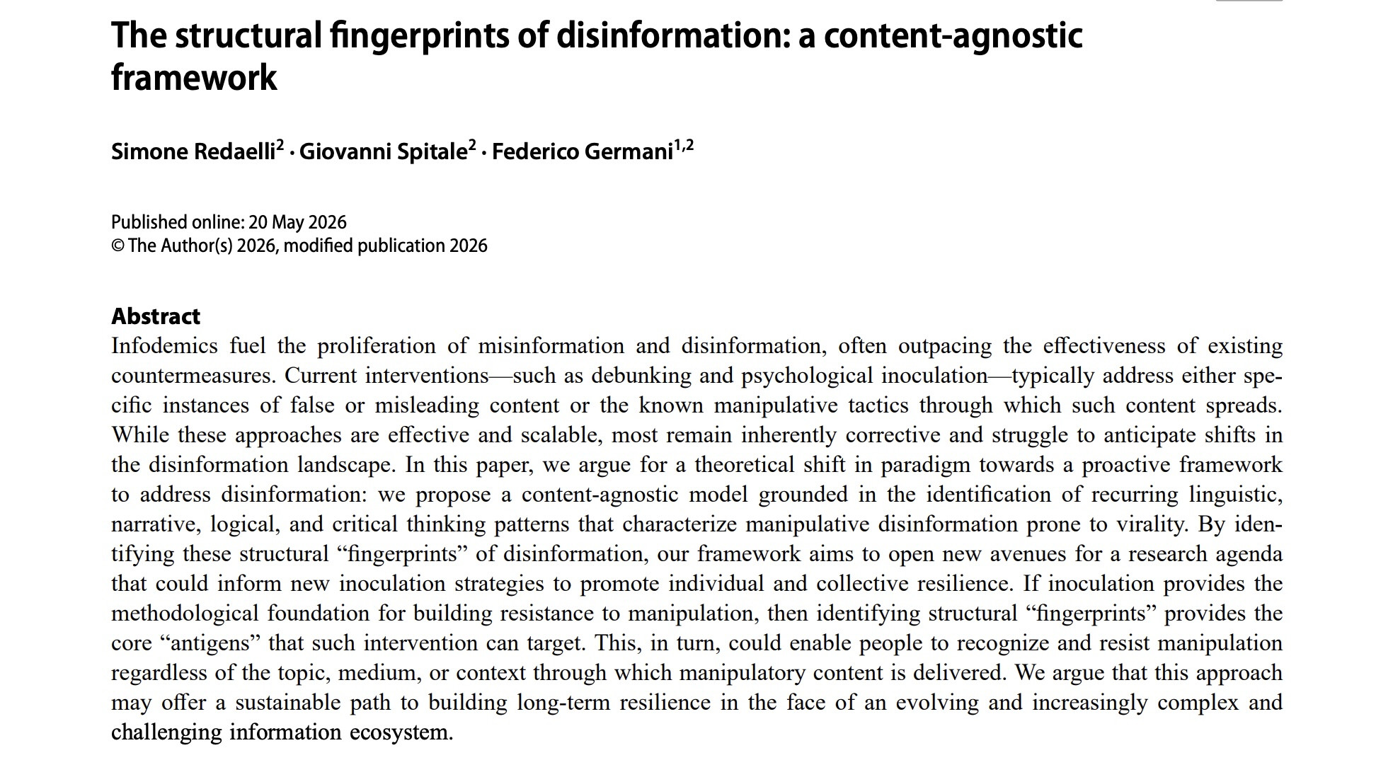 DSAI Faculty Member Federico Germani Publishes New Article on the Structural Fingerprints of Disinformation