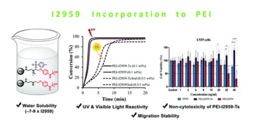 Irgacure 2959-functionalized poly(ethyleneimine)s as improved photoinitiators: enhanced water solubility, migration stability and visible-light operation
